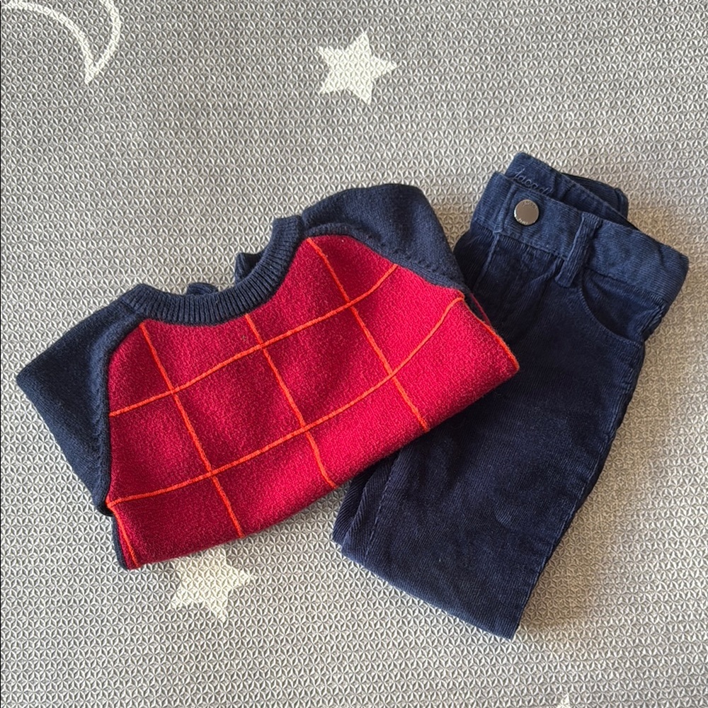 Jacadi Paris Plaid Red and Navy Sweater with Navy Pants